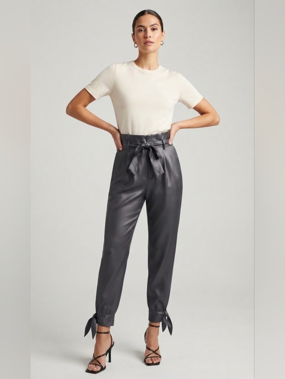 William B - High-Waist Satin Paperbag Pants with Tie Belt - Charcoal Gray